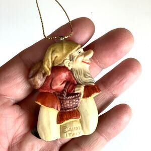 Vintage Christmas Resin Anri Elf Gnome Ornament w/Mushroom & Sack 2.25”H